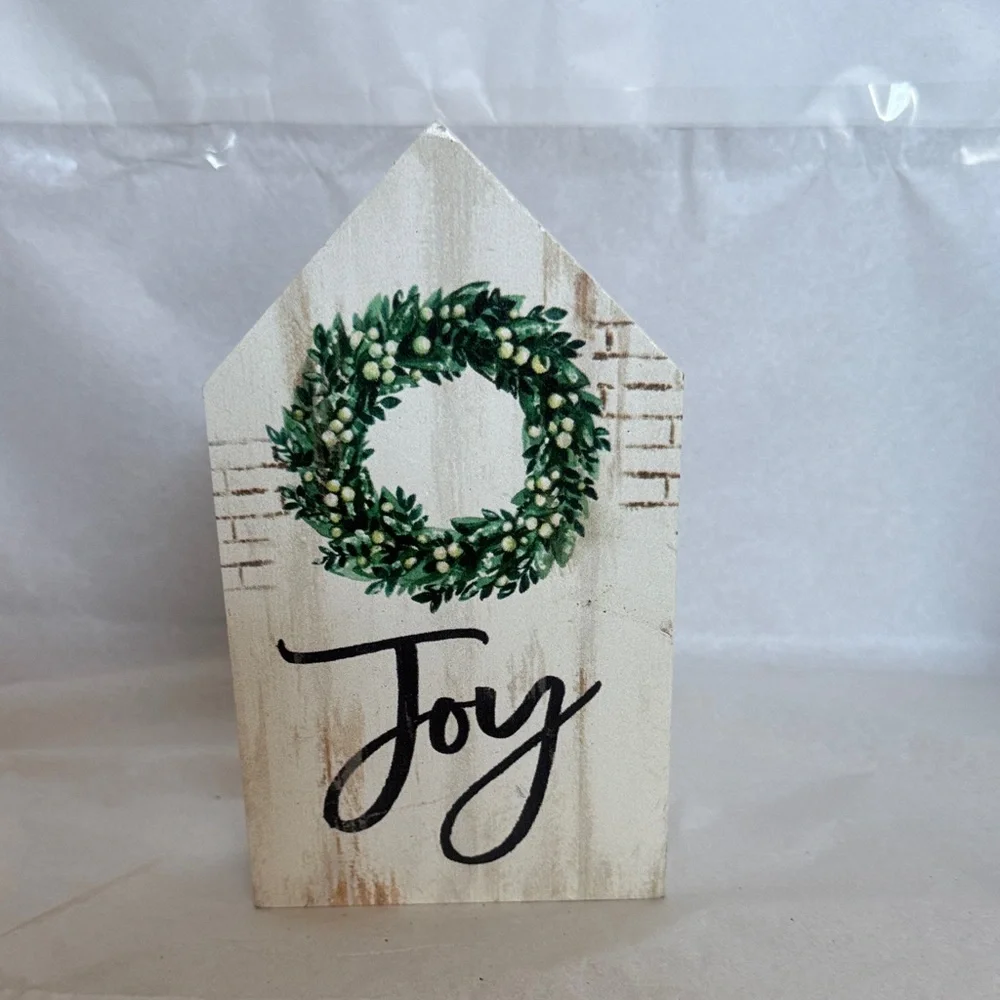 Hobby Lobby Wooden House Sign with Green Wreath and Black 'Joy' Script
